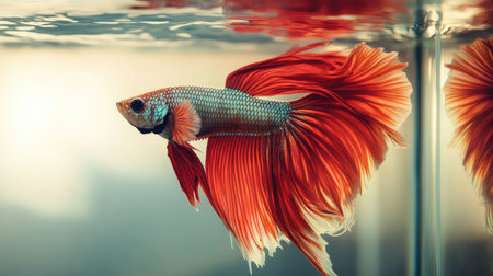 A close-up of a betta fish with intricate fin details and a clear tank. The unobstructed water background provides space for text.の素材