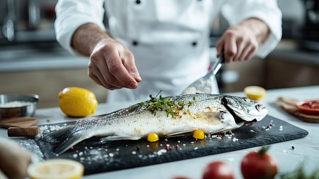 A chef preparing sea bass in a modern kitchen with a clean, uncluttered background. The open space around the fish provides ample text area.の素材