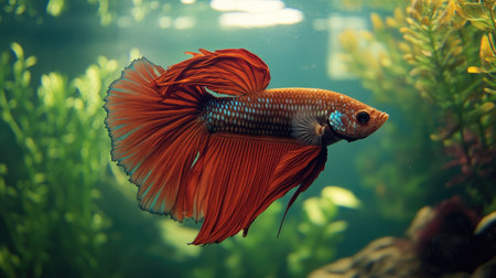 A close-up of a betta fish with its fins extended in a tank. The surrounding water and background are clear, ideal for adding text.の素材