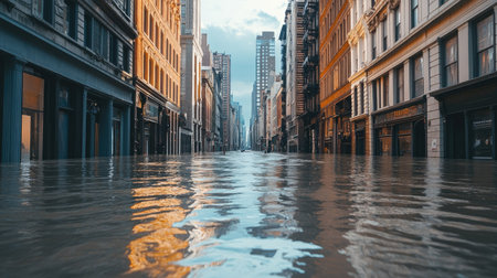 A city street flooded due to heavy rainfall and rising sea levels. The large, open spaces around the flood provide room for text on climate impact.の素材