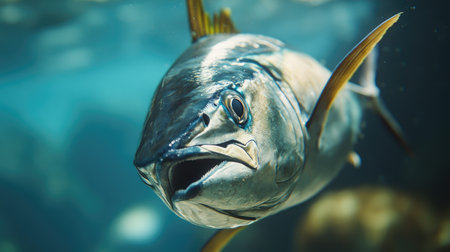 A close-up of a bluefin tuna swimming in clear water, with a blurred background. The unobstructed space around the fish provides a great area for text.の素材