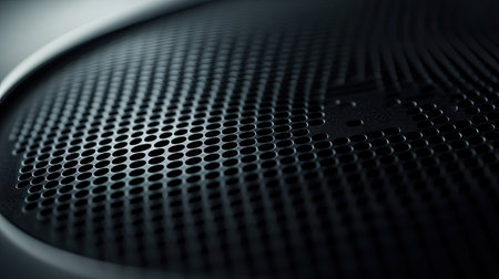 A close-up of a car speaker grille with a smooth, black finish. The surrounding space is uncluttered, offering plenty of room for copy to be added.の素材