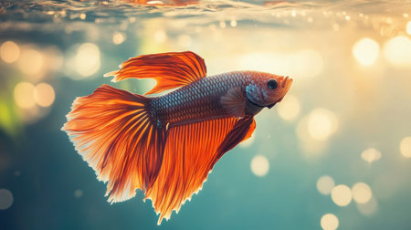 A close-up of a betta fish with its fins extended in a tank. The surrounding water and background are clear, ideal for adding text.の素材