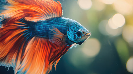 A close-up of a colorful fighting fish in an aquarium with a simple, clear background. The space around the fish is great for adding text.の素材