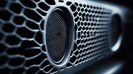 A close-up of a car speaker with a honeycomb grille design. The surrounding empty space in the car's door panel allows for text placement.の素材