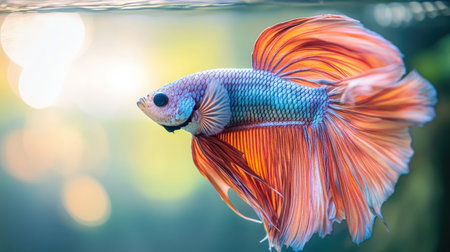 A close-up of a colorful fighting fish in an aquarium with a simple, clear background. The space around the fish is great for adding text.の素材