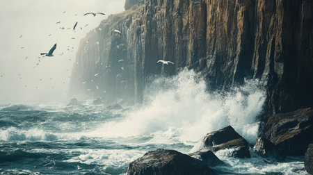 Waves crashing against large boulders at the base of a cliff, with seagulls flying above. -の素材