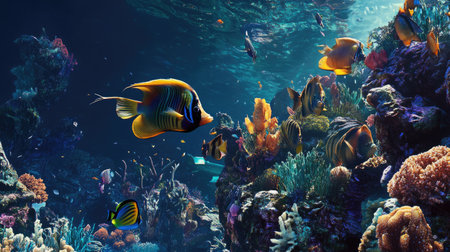 Underwater scene showcasing a diverse group of sea fish swimming together in harmony, with a rich, colorful reef in the backgroundの素材