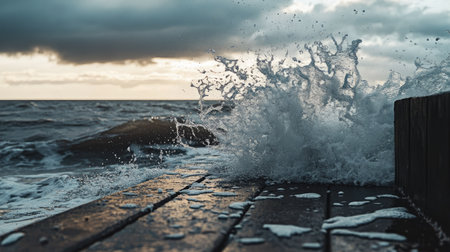 Waves crashing onto a pier, with dramatic splashes of water and a cloudy sky.の素材