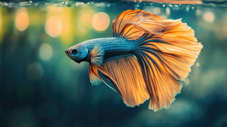 A close-up of a betta fish with intricate fin details and a clear tank. The unobstructed water background provides space for text.の素材