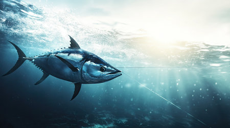 A bluefin tuna being caught on a fishing line with an open, natural water background. The clear space around the fish is ideal for adding text.の素材