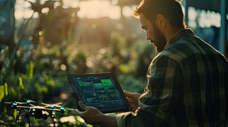 Technician using AI-powered software to analyze crop health data collected from agricultural drones.の素材