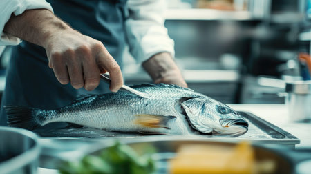 A chef preparing sea bass in a modern kitchen with a clean, uncluttered background. The open space around the fish provides ample text area.の素材