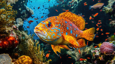Underwater photograph of a striking sea fish with vivid colors, surrounded by schools of smaller fish and marine vegetation -の素材