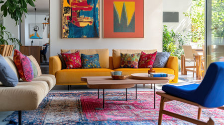A bright living room with colorful decor, featuring bold artwork on the walls, vibrant cushions on the sofa, and a mix of patterns and textures that express personality.の素材