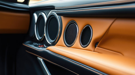 A car's custom speaker system integrated into the door panel. The clean lines and ample surrounding space provide an ideal canvas for text.の素材