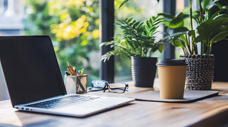 A bright work desk with a laptop, coffee cup, and a desk organizer. The large, clear surface and surrounding area are perfect for adding copy.の素材