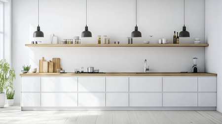 A clean and minimal Nordic kitchen with white cabinetry, wooden countertops, and open shelving. Plenty of blank wall space for copy, accentuating the simplicity.の素材