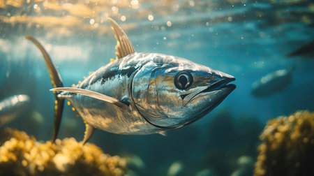 A close-up of a bluefin tuna swimming in clear water, with a blurred background. The unobstructed space around the fish provides a great area for text.の素材