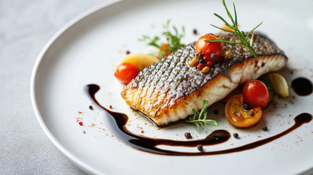 A beautifully plated sea bass dish with vegetables and sauce, set against a simple table backdrop. The clear space around the plate allows for text.の素材