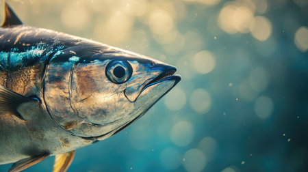 A close-up of a bluefin tuna swimming in clear water, with a blurred background. The unobstructed space around the fish provides a great area for text.の素材
