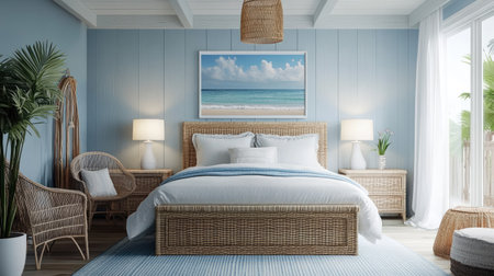 A beach-themed bedroom with light blue walls, wicker furniture, and nautical decor. The breezy atmosphere is perfect for a coastal getaway vibe.の素材