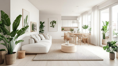 A bright Nordic living room with light wood flooring, simple white furniture, and green plants. Large open wall space perfect for copy. The room exudes warmth and simplicity.の素材