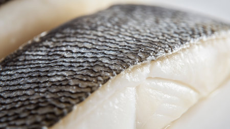 A close-up of a sea bass fillet with a clean, white background. The unobstructed space around the fillet is ideal for placing text.の素材