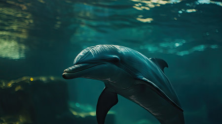 A close-up of a dolphin's streamlined body with a blurred underwater background. The open space around the dolphin allows for clear text placement.の素材