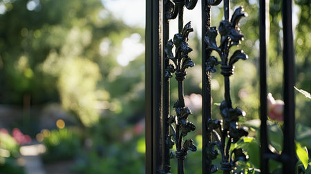 A close-up of a fish trellis with detailed metalwork and a blurred garden background. The clear space around the trellis allows for text placement.の素材