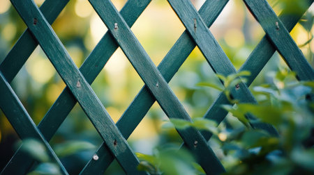 A close-up of a fish trellis with an empty, blurred garden background. The clean space around the trellis is perfect for adding text.の素材