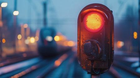 A close-up of a railway signal with a blurred background of tracks and trains. The clear space around the signal provides ample room for text.の素材
