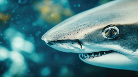 A close-up of a shark's eye with a blurred underwater background. The open space around the shark provides a perfect area for copy.の素材