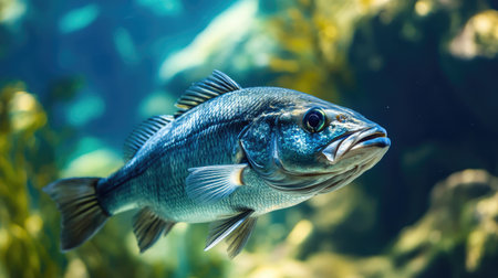 A close-up of a sea bass swimming in clear water with a blurred background. The empty space around the fish provides a great area for text.の素材
