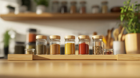 A close-up of a spice rack with neatly arranged jars and a clean, modern kitchen background. The unobstructed space around the rack is perfect for text.の素材