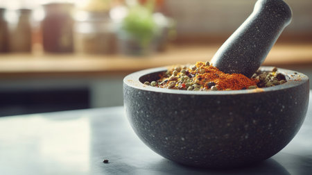 A close-up of spices in a mortar and pestle with a clean, empty kitchen background. The open space around the mortar and pestle is ideal for text placement.の素材