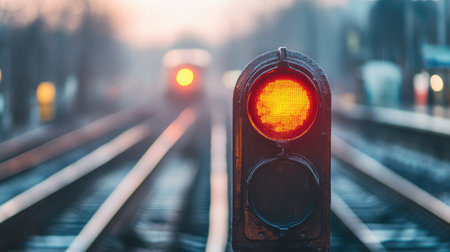 A close-up of a railway signal with a blurred background of tracks and trains. The clear space around the signal provides ample room for text.の素材