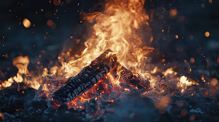 A close-up of a roaring bonfire with bright, crackling flames. The surrounding open space ensures clarity for text placement.の素材