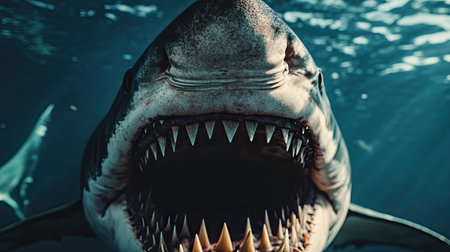 A close-up of a powerful jaws and teeth with a clear underwater backdrop. The surrounding empty space is ideal for adding text.の素材