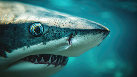 A close-up of a shark's eye with a blurred underwater background. The open space around the shark provides a perfect area for copy.の素材