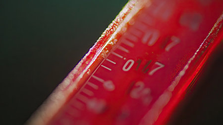 A close-up of a thermometer showing extremely high temperatures. The empty background around the thermometer offers space for text on global warming.の素材