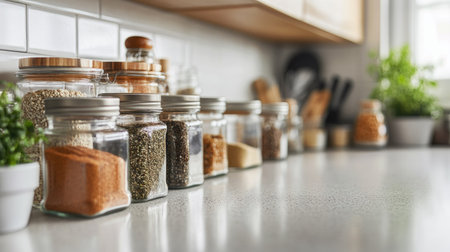 A close-up of a spice rack with neatly arranged jars and a clean, modern kitchen background. The unobstructed space around the rack is perfect for text.の素材