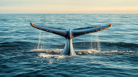 A close-up of a tail fluke rising above the water with a vast, unobstructed ocean backdrop. The clear space allows for easy addition of text.の素材