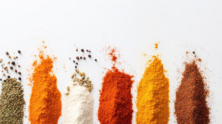 A close-up of various spices like turmeric, cumin, and paprika arranged in a row with a clear, uncluttered backdrop. The open space around the spices is ideal for text.の素材