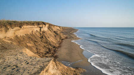 A coastal area with eroded shorelines and encroaching seawater. The clear sky and empty beach areas allow for text discussing global warming effects.の素材