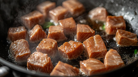 A close-up of tuna chunks being cooked in a frying pan, with a clear kitchen backdrop. The unobstructed space around the pan allows for easy text addition.の素材