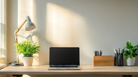 A cozy home office desk with a laptop, desk organizer, and plant. The open space on the desk and wall offers a perfect area for copy.の素材
