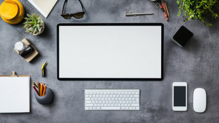 A contemporary work desk with a high-quality monitor, desk pad, and a few essential items. The large, clear desk surface is ideal for adding text.の素材