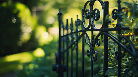 A close-up of a fish trellis with detailed metalwork and a blurred garden background. The clear space around the trellis allows for text placement.の素材