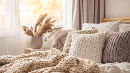 A cozy bedroom with layered bedding, throw pillows, and a knitted blanket. The warm tones and soft textures create a serene and relaxing environment.の素材